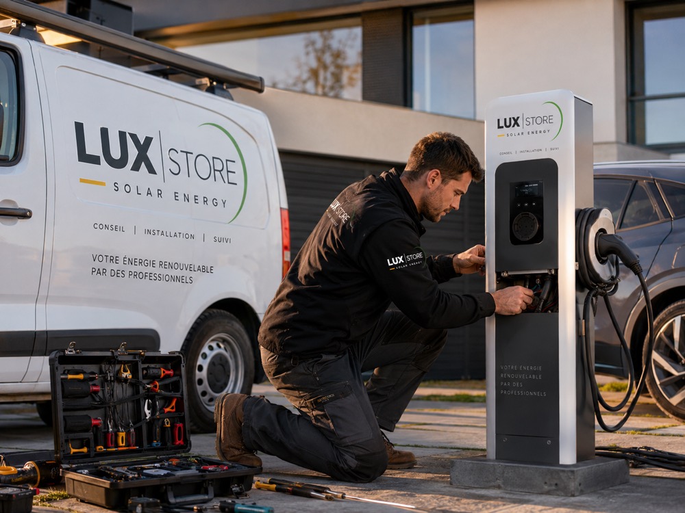 Technicien installant une borne de recharge pour véhicule électrique