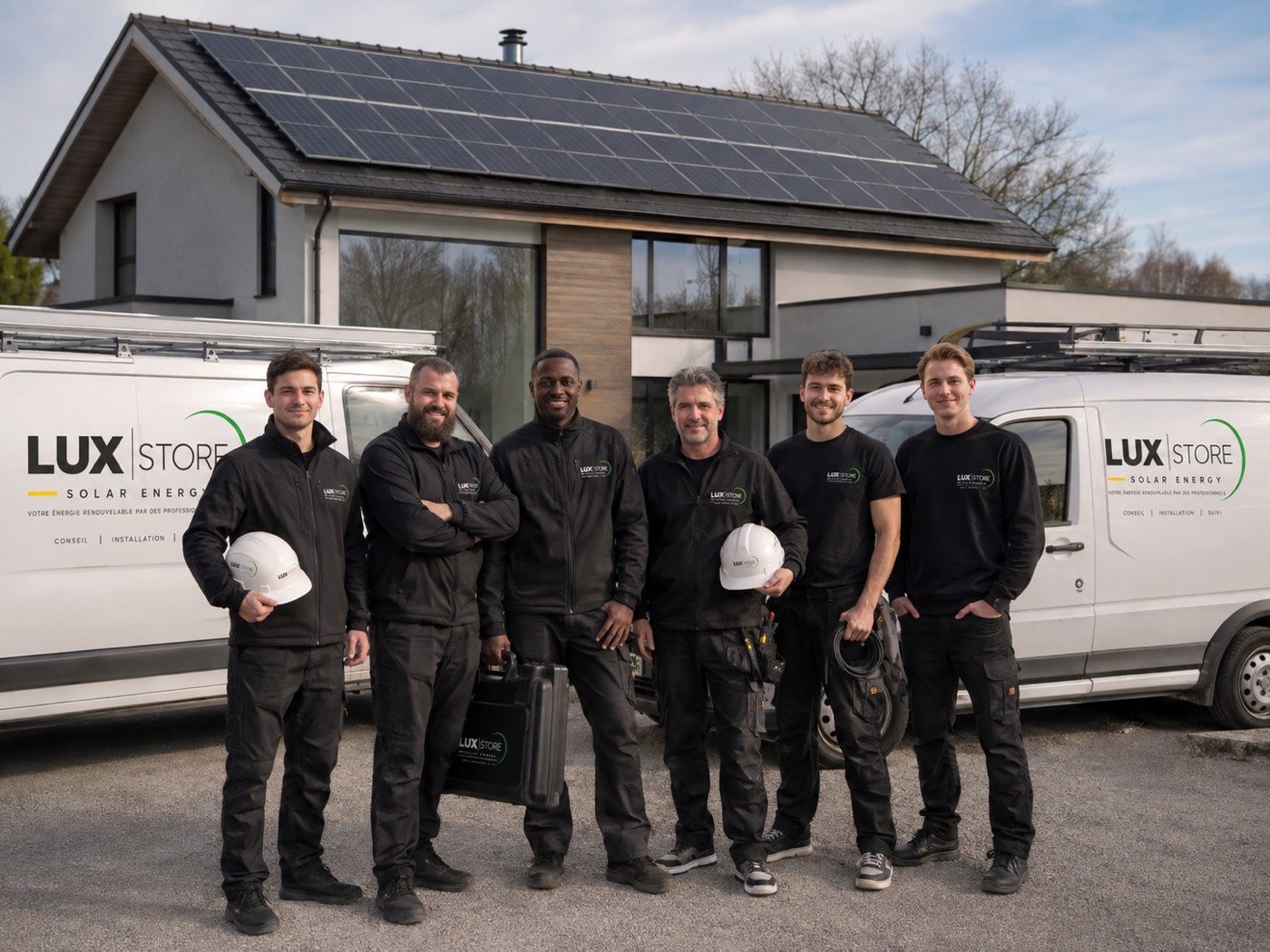 L'équipe d'installateurs Lux Store Solar Energy devant une maison équipée et leur véhicule d'intervention