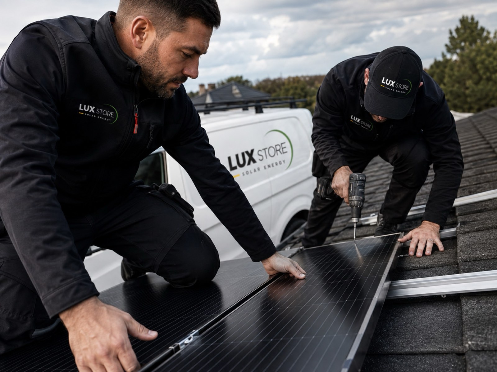 Deux installateurs fixant un panneau photovoltaïque sur un toit