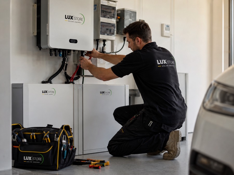 Technicien raccordant un onduleur et des batteries de stockage